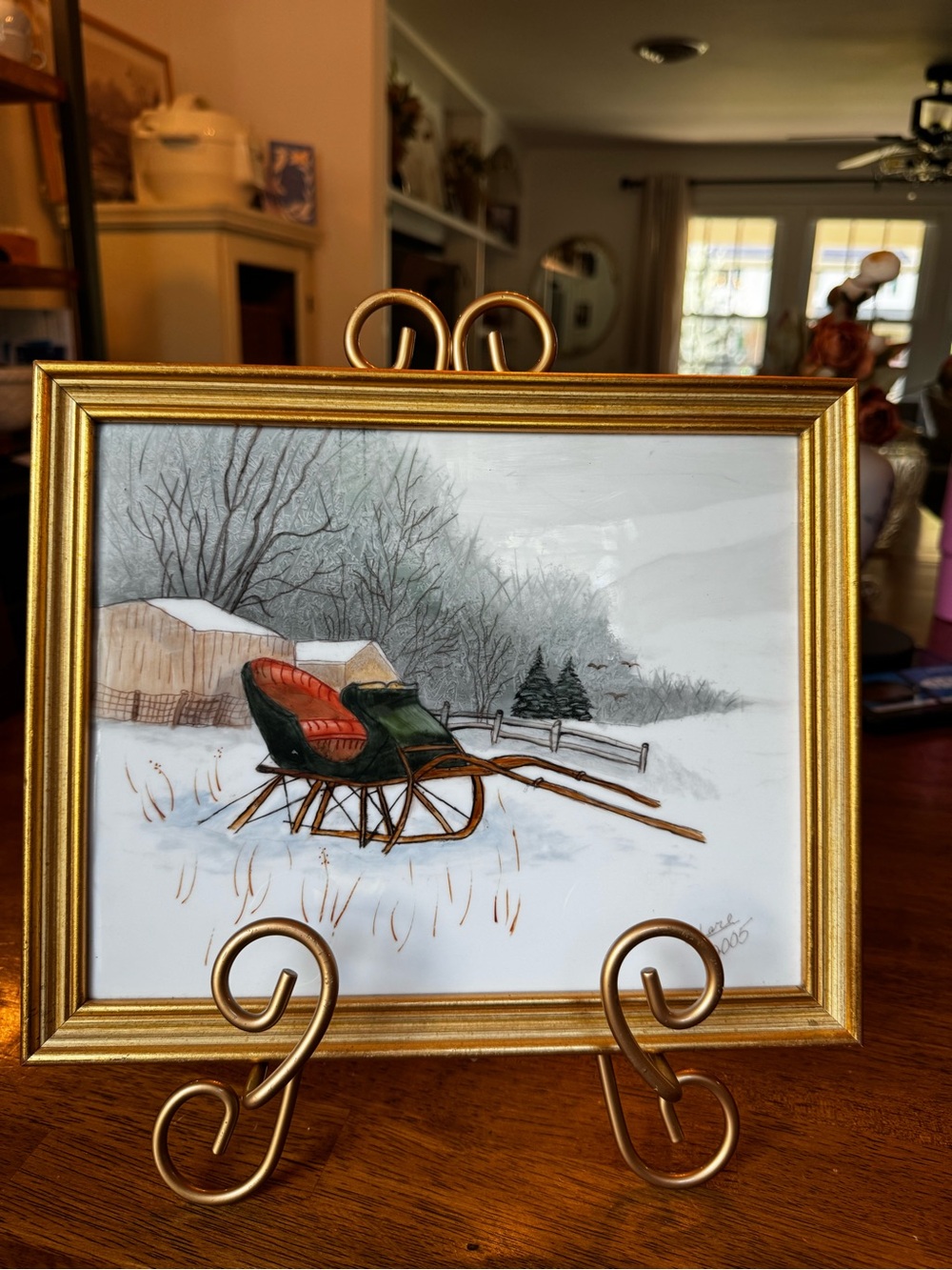 VTG Signed Winter Scene Ceramic Tile Art Framed Handcrafted Rustic Primitive